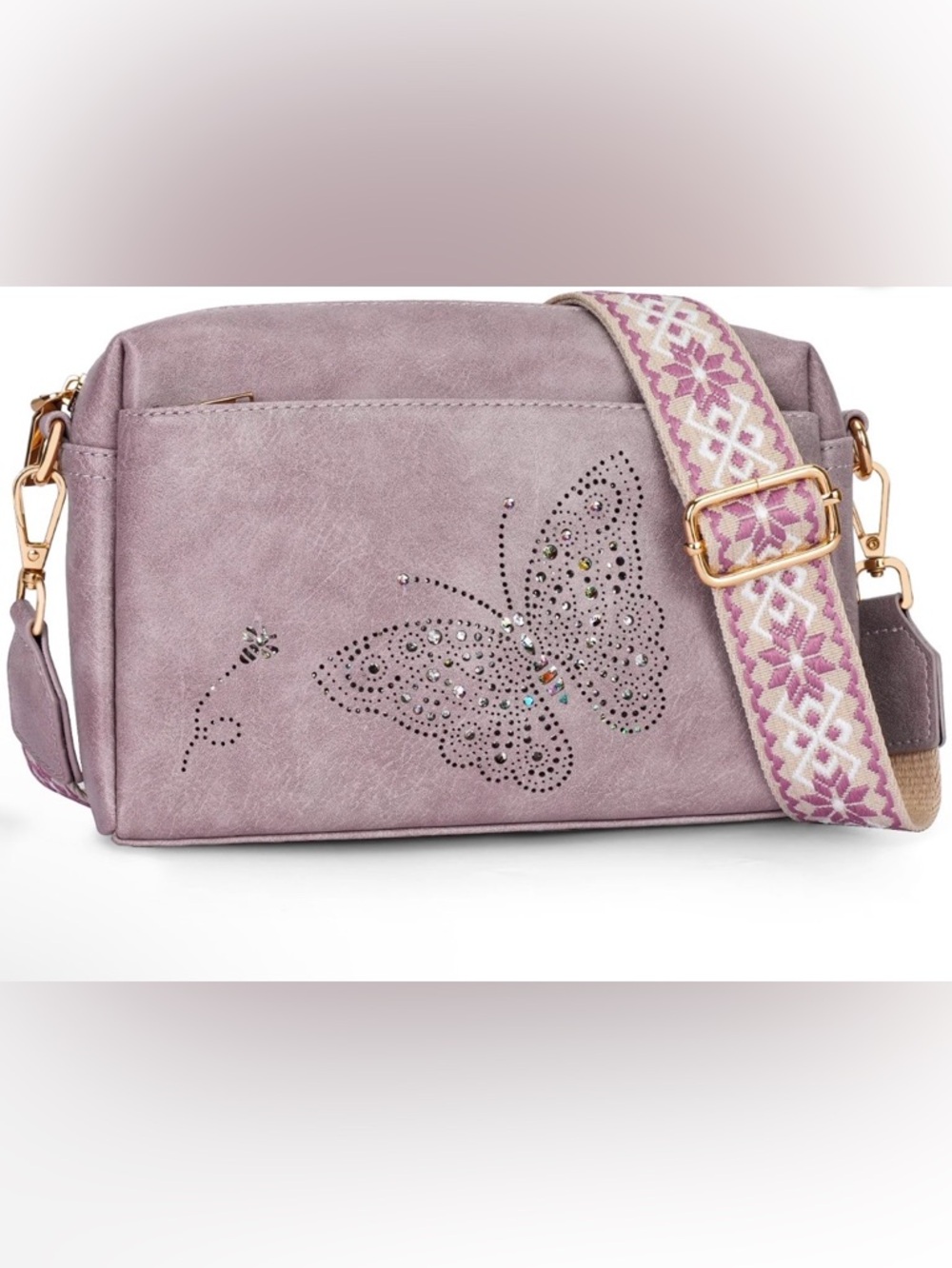 Stylish Lavender Butterfly Crossbody Bag with Embellished Strap
